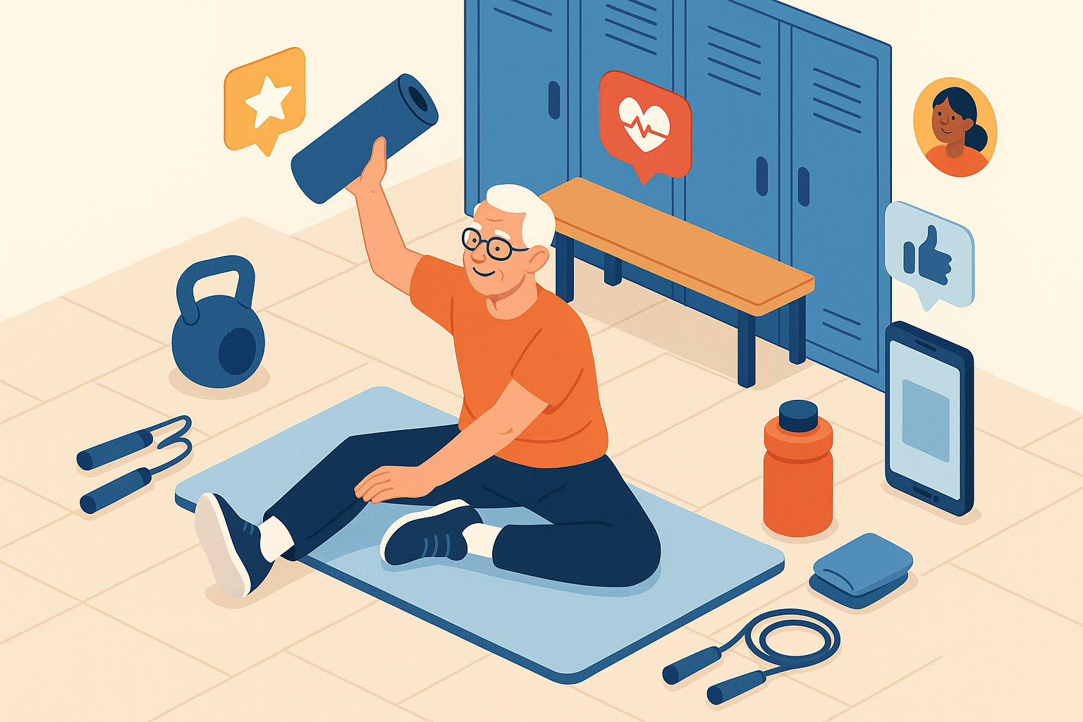 Illustration of Senior doing mobility exercise in a Locker room setting, with a happy mood.