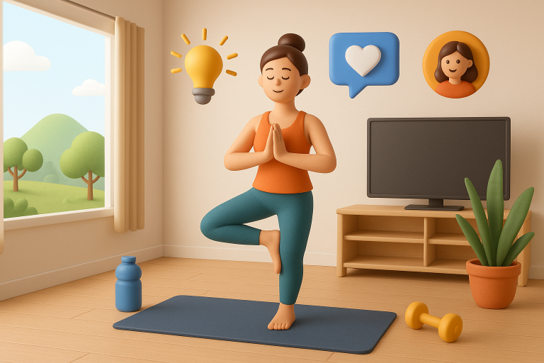 Illustration of Yoga pose in nature in a Home workout space setting, with a inspired mood.