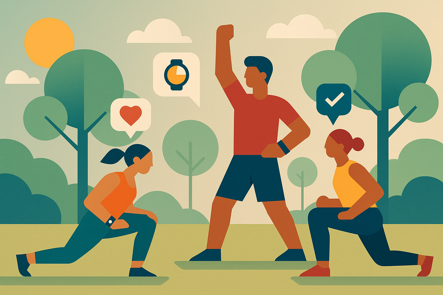 Illustration of Group fitness class in a Park with trees setting, with a inspired mood.