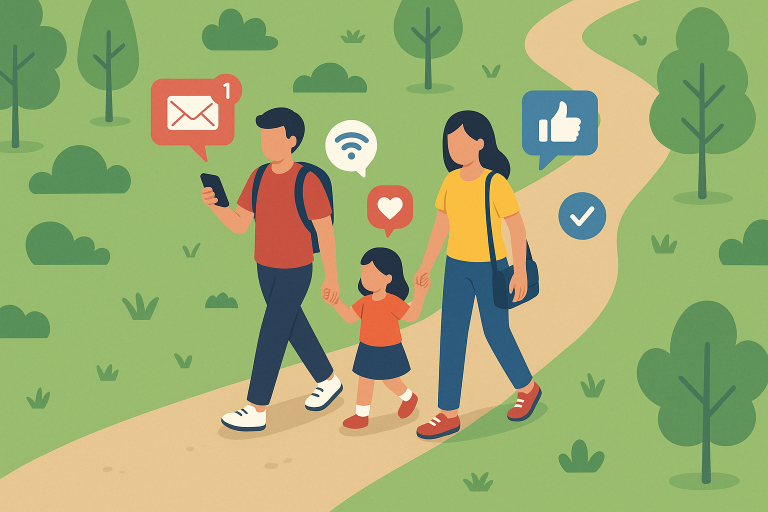 Illustration of Family on a walk in a Outdoor trail setting, with a focused mood.