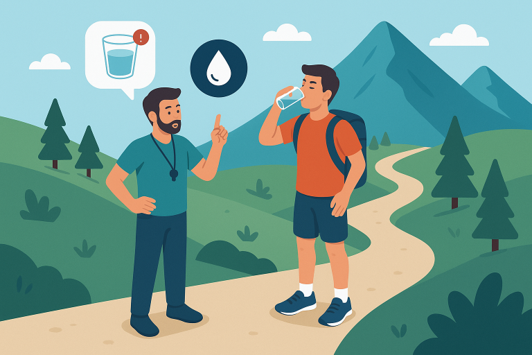 Illustration of Trainer giving advice in a Mountain path setting, with a focused mood.