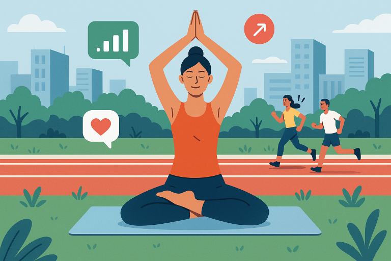 Illustration of Yoga pose in nature in a Urban running track setting, with a inspired mood.