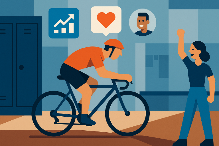 Illustration of Cyclist on a trail in a Locker room setting, with a inspired mood.