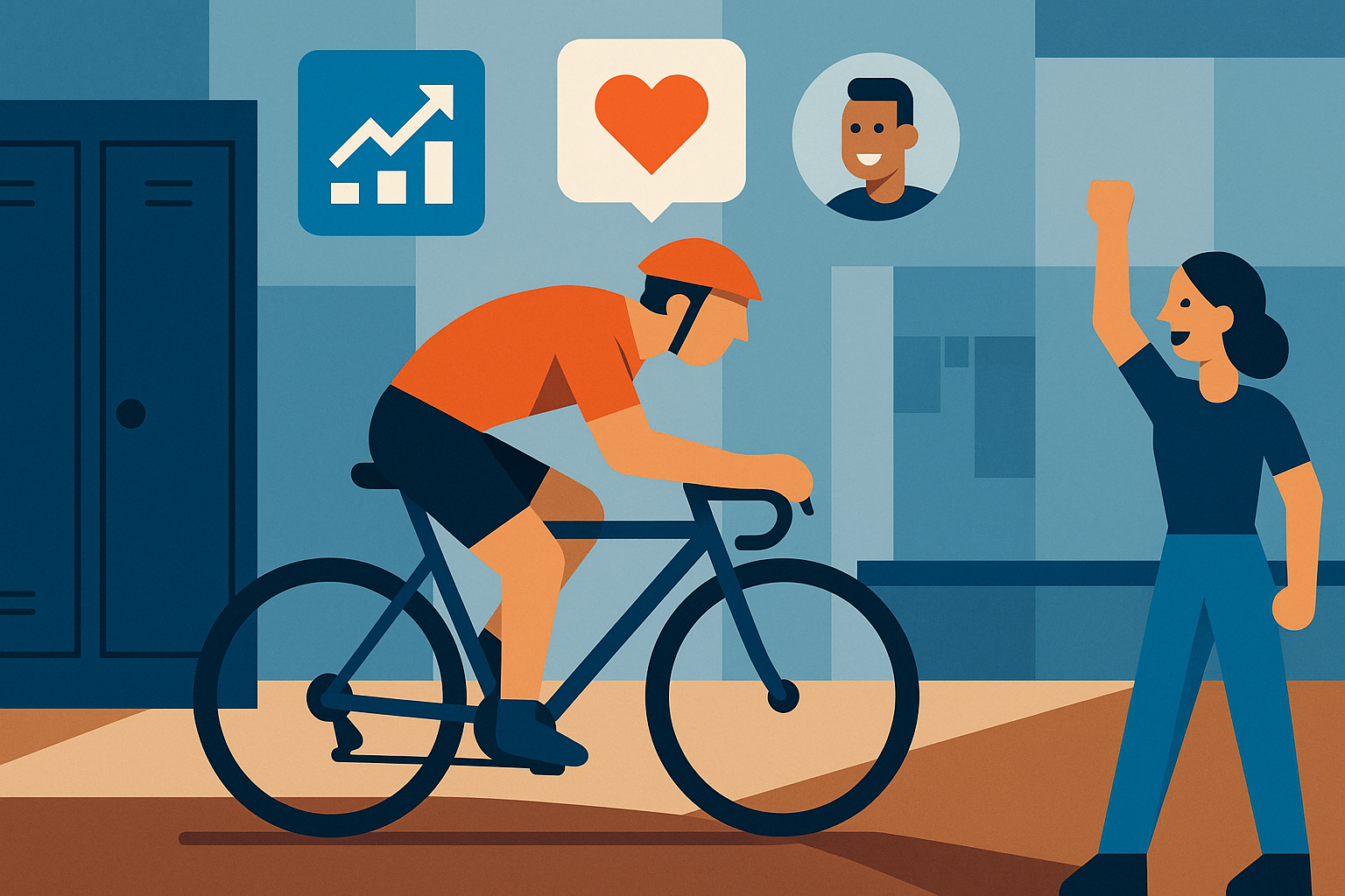 Illustration of Cyclist on a trail in a Locker room setting, with a inspired mood.