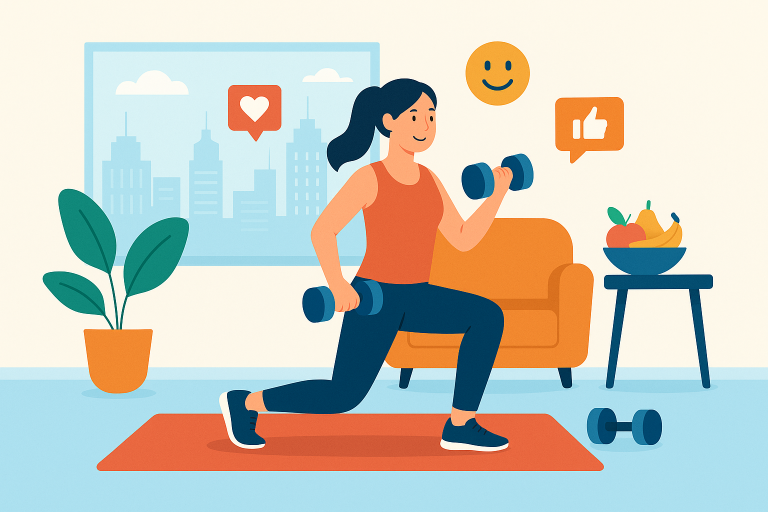 Illustration of Home workout with dumbbells in a Cityscape skyline setting, with a happy mood.