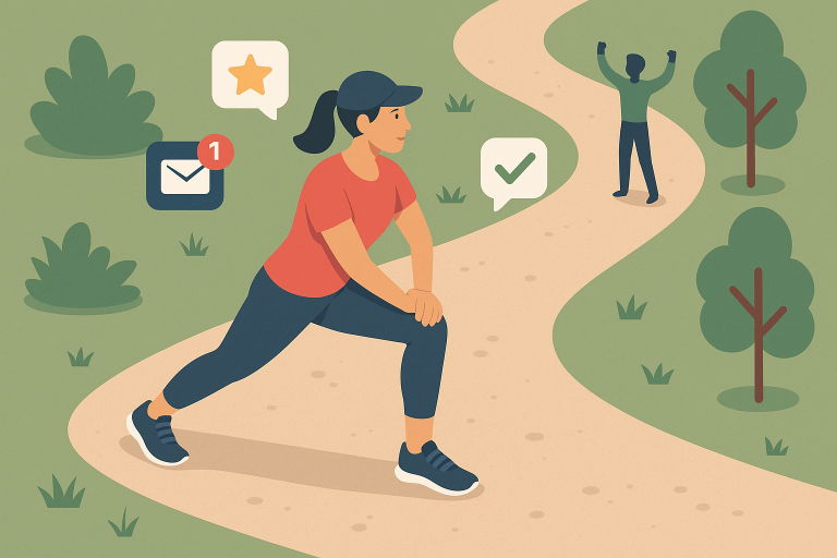 Illustration of Stretching before workout in a Outdoor trail setting, with a determined mood.