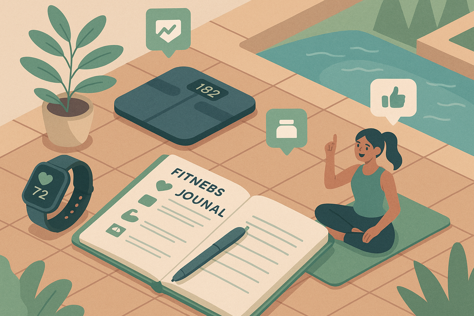 Illustration of Fitness journal entry in a Wellness retreat setting setting, with a inspired mood.