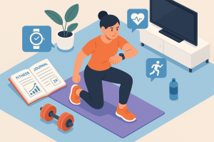 Illustration of Fitness journal entry in a Home workout space setting, with a determined mood.