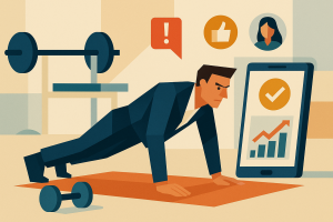 Illustration of Busy professional doing pushups in a Minimalist home gym setting, with a determined mood.