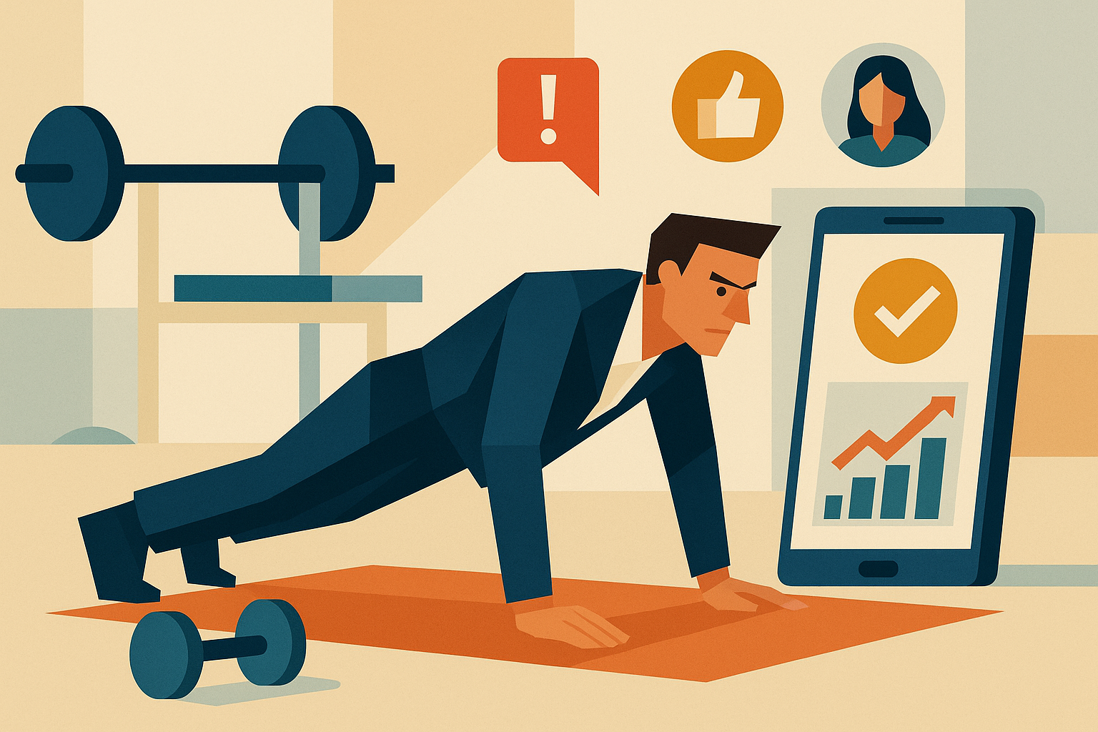 Illustration of Busy professional doing pushups in a Minimalist home gym setting, with a determined mood.
