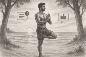 Illustration of Yoga pose in nature in a Beachfront sunrise setting, with a focused mood.
