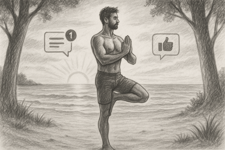 Illustration of Yoga pose in nature in a Beachfront sunrise setting, with a focused mood.