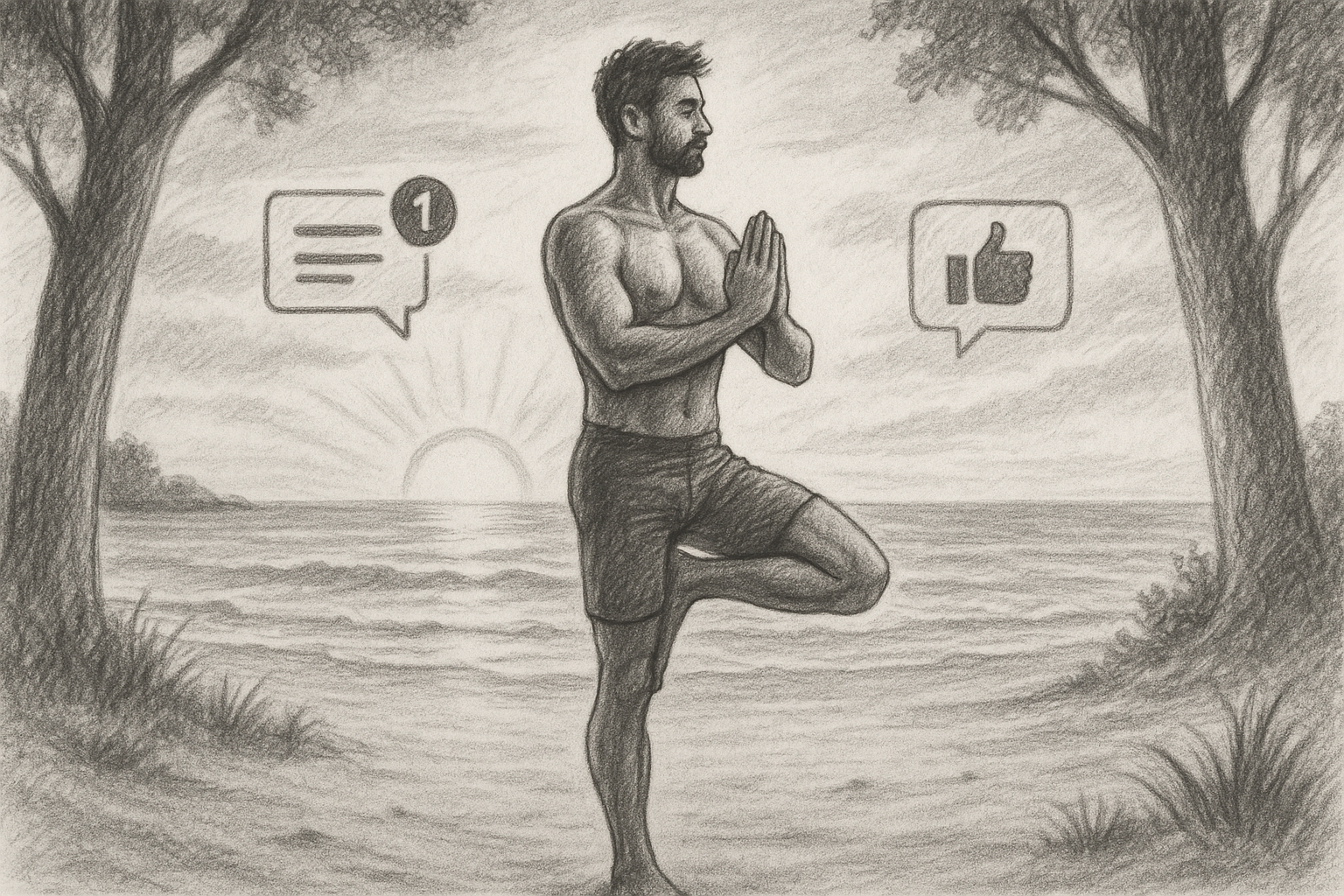 Illustration of Yoga pose in nature in a Beachfront sunrise setting, with a focused mood.