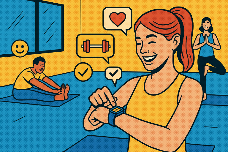 Illustration of Person tracking progress on smartwatch in a Yoga studio setting, with a happy mood.