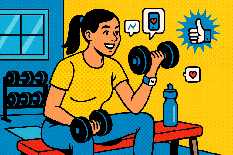 Illustration of Home workout with dumbbells in a Gym interior setting, with a inspired mood.