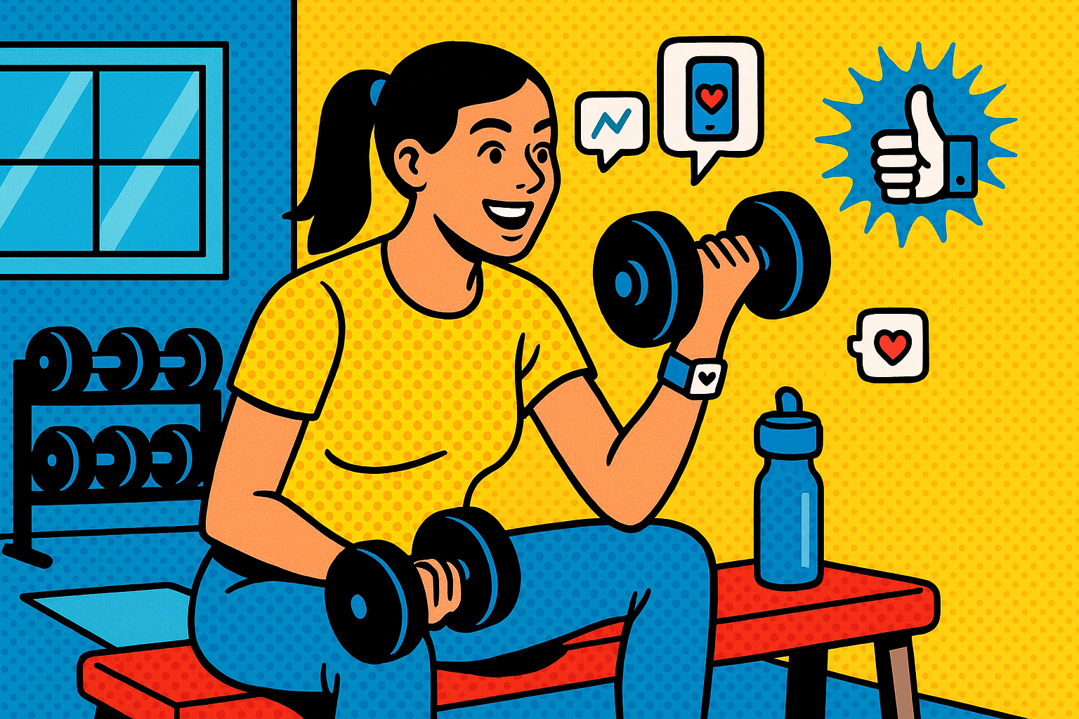 Illustration of Home workout with dumbbells in a Gym interior setting, with a inspired mood.