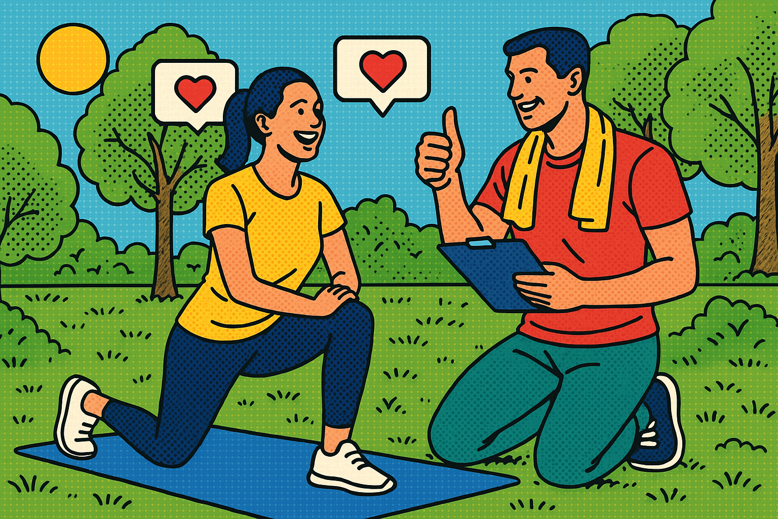 Illustration of Fitness coach guiding client in a Park with trees setting, with a happy mood.