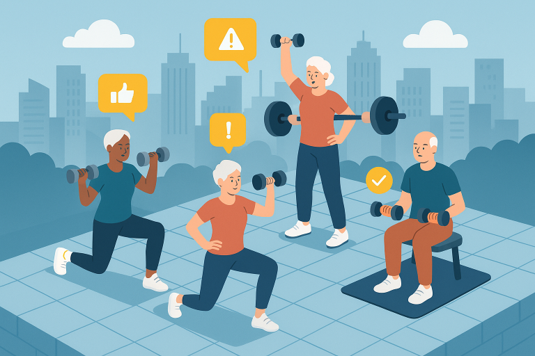 Illustration of Group fitness class in a Cityscape skyline setting, with a determined mood.