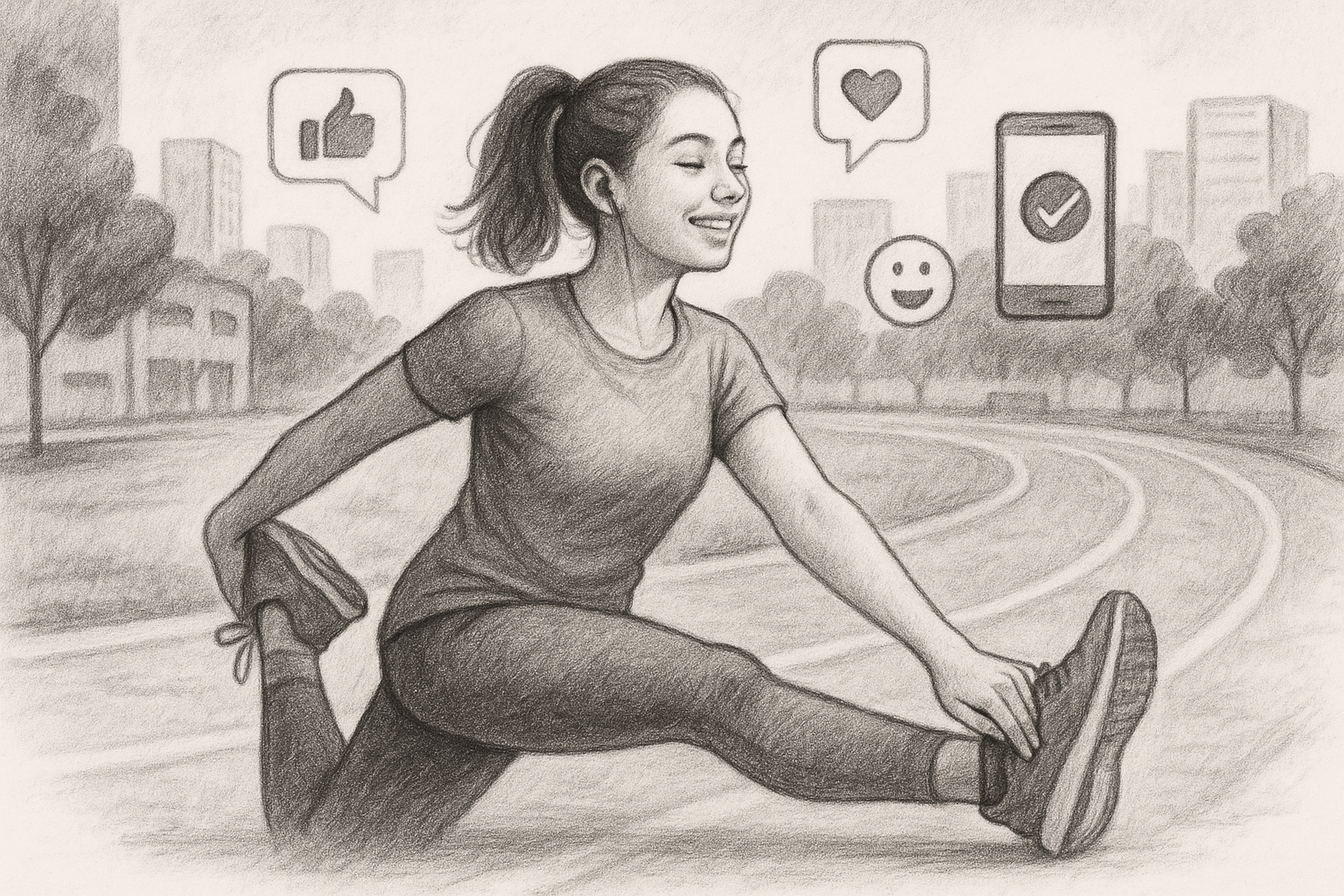 Illustration of Stretching before workout in a Urban running track setting, with a happy mood.