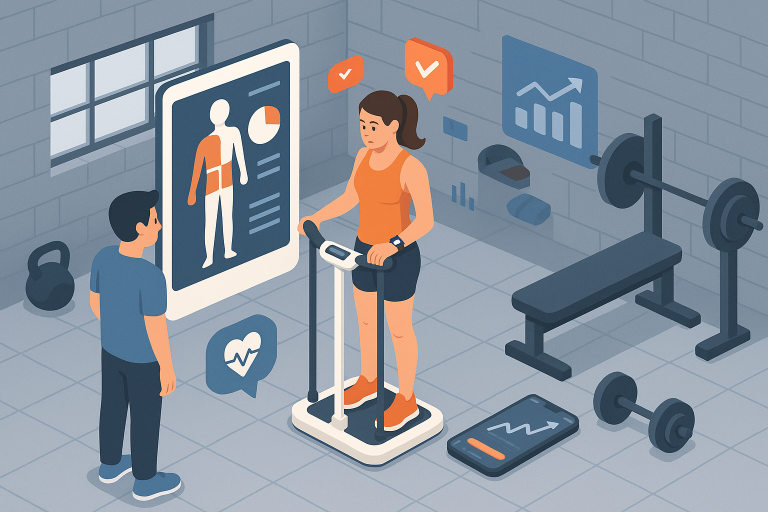 Illustration of Body composition scan in a Garage gym setup setting, with a focused mood.