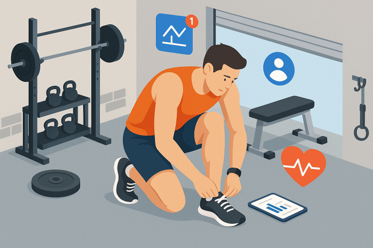 Illustration of Runner tying shoes in a Garage gym setup setting, with a inspired mood.