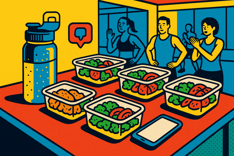 Illustration of Meal prep on kitchen counter in a Fitness class studio setting, with a focused mood.