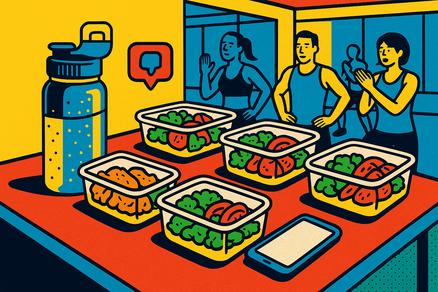 Illustration of Meal prep on kitchen counter in a Fitness class studio setting, with a focused mood.