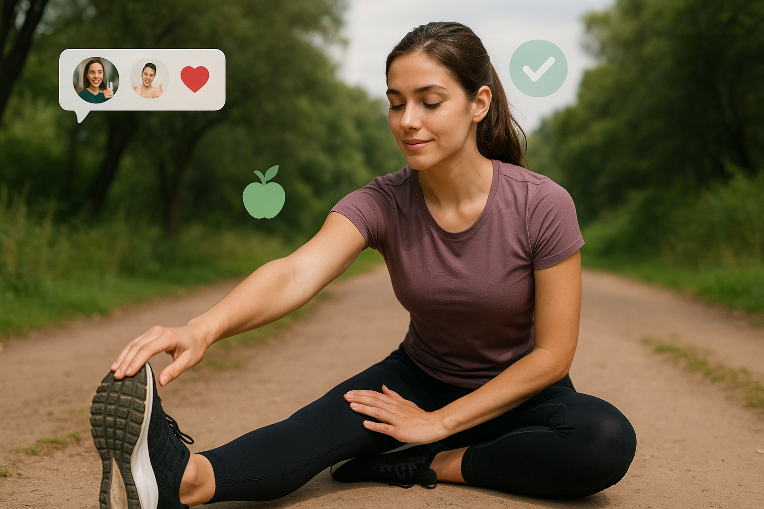 Illustration of Stretching before workout in a Outdoor trail setting, with a relaxed mood.