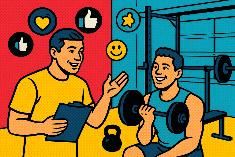 Illustration of Trainer giving advice in a Garage gym setup setting, with a happy mood.