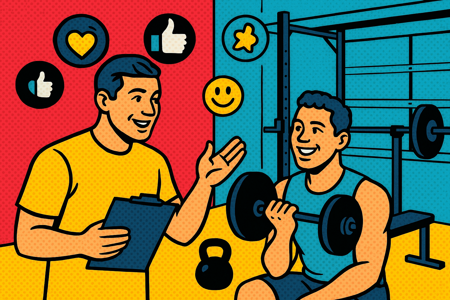 Illustration of Trainer giving advice in a Garage gym setup setting, with a happy mood.