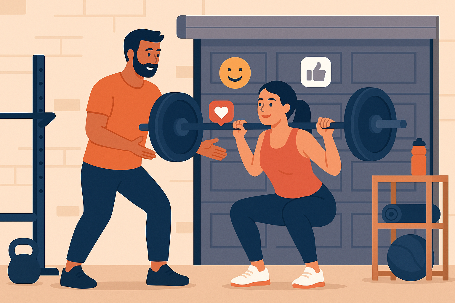 Illustration of Fitness coach guiding client in a Garage gym setup setting, with a happy mood.