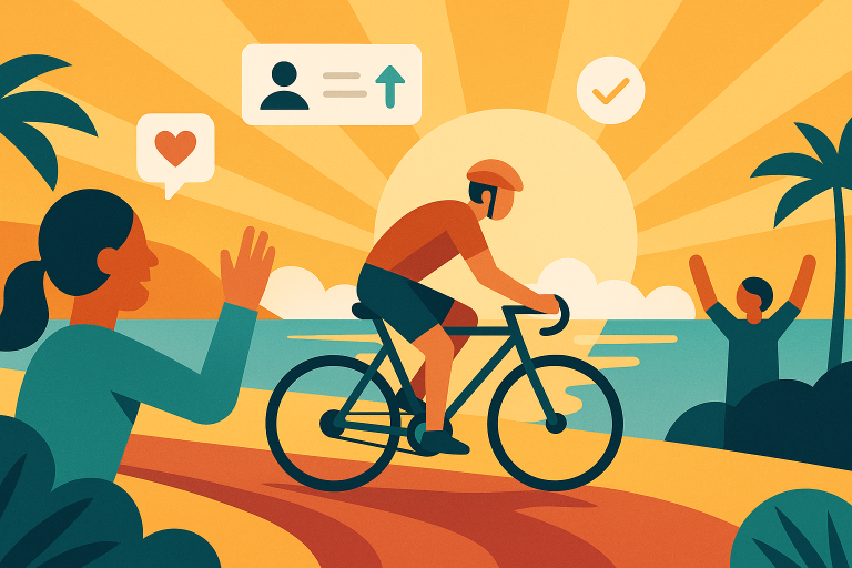 Illustration of Cyclist on a trail in a Beachfront sunrise setting, with a inspired mood.