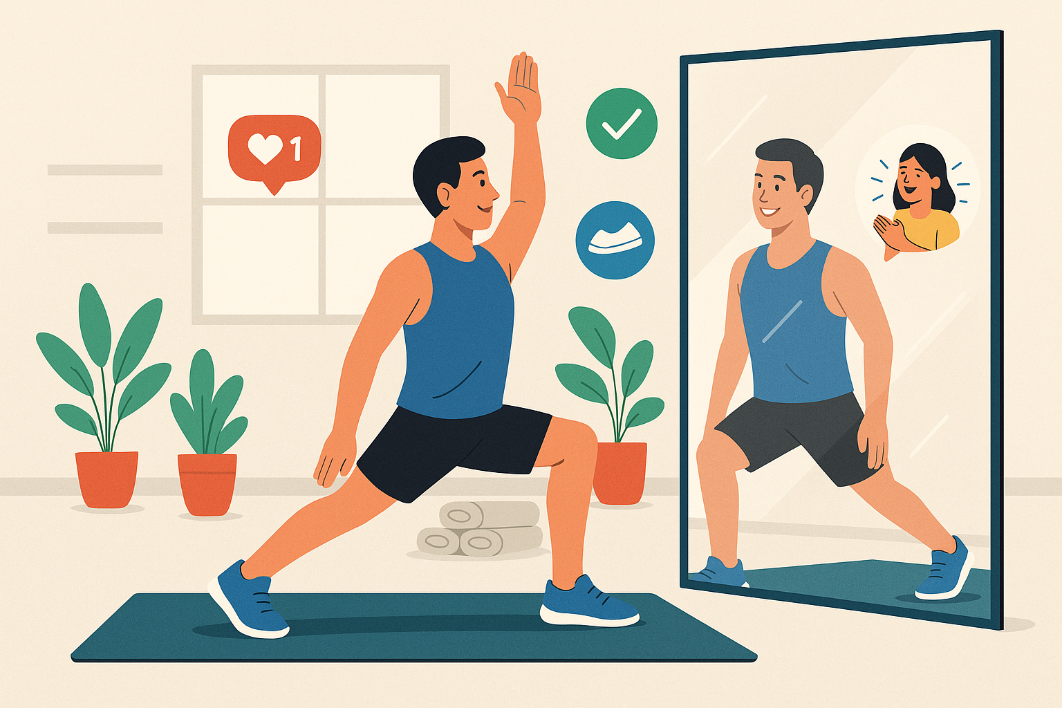Illustration of Athlete checking mirror form in a Yoga studio setting, with a happy mood.