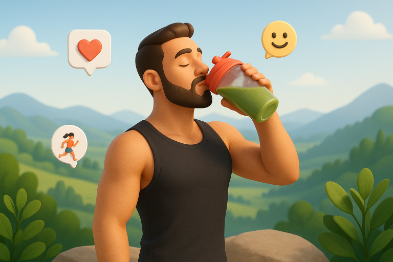 Illustration of Athlete drinking smoothie in a Scenic viewpoint setting, with a relaxed mood.