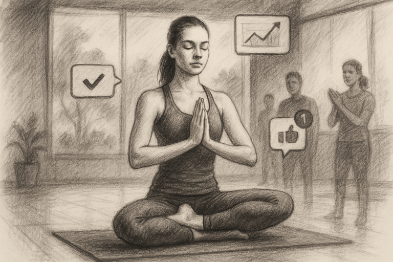 Illustration of Yoga pose in nature in a Fitness class studio setting, with a determined mood.