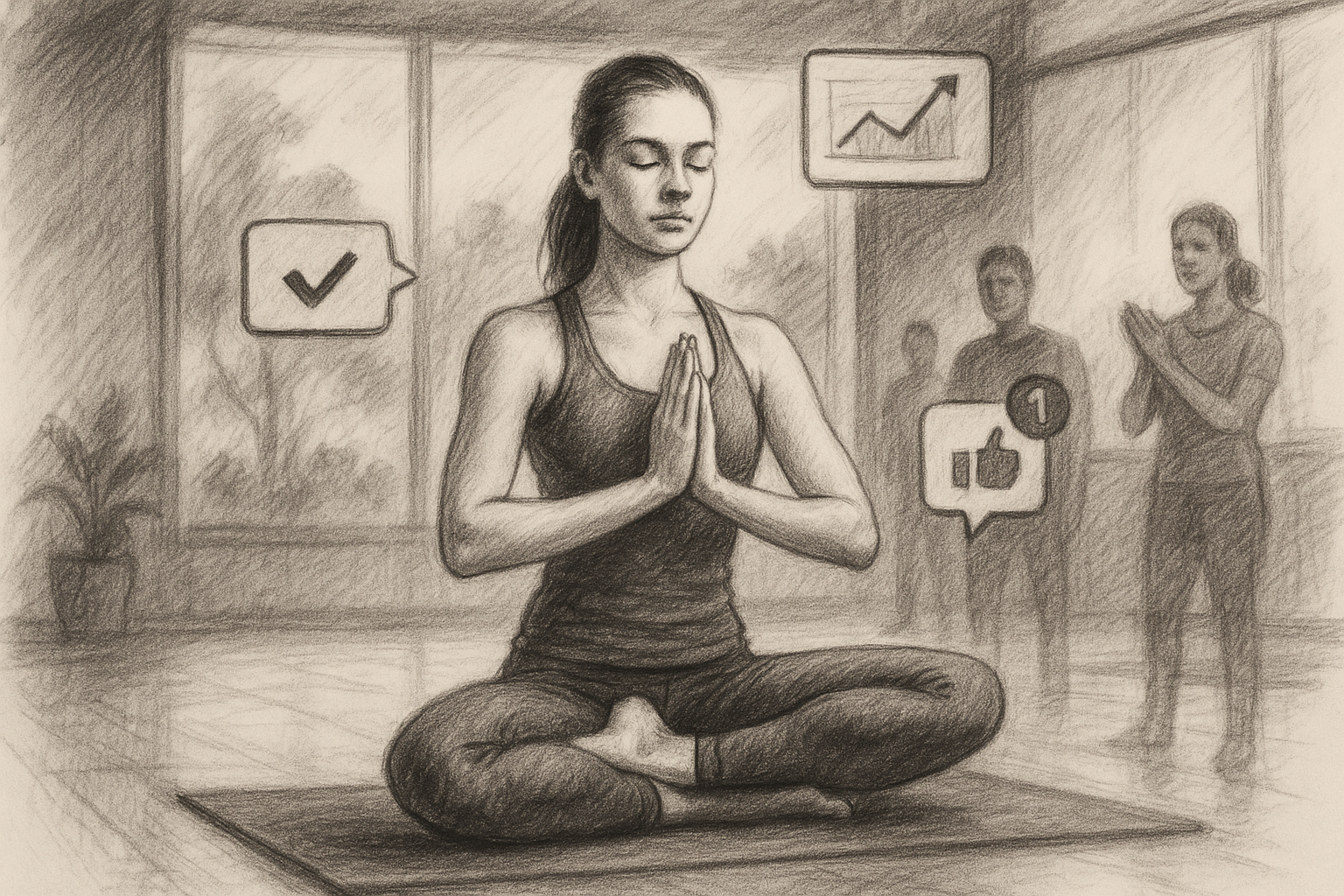 Illustration of Yoga pose in nature in a Fitness class studio setting, with a determined mood.