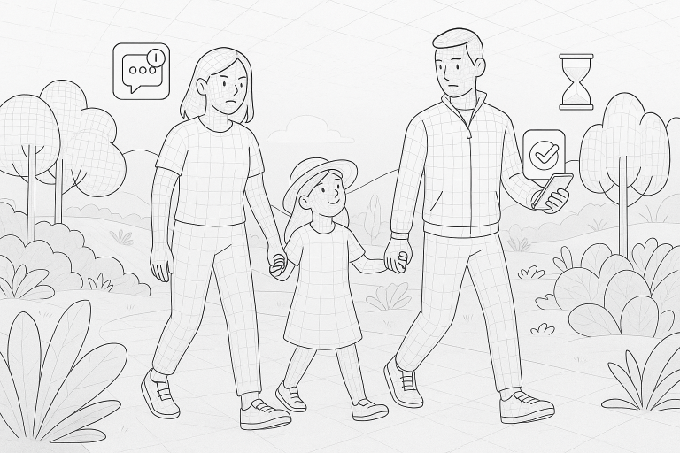 Illustration of Family on a walk in a Wellness retreat setting setting, with a determined mood.