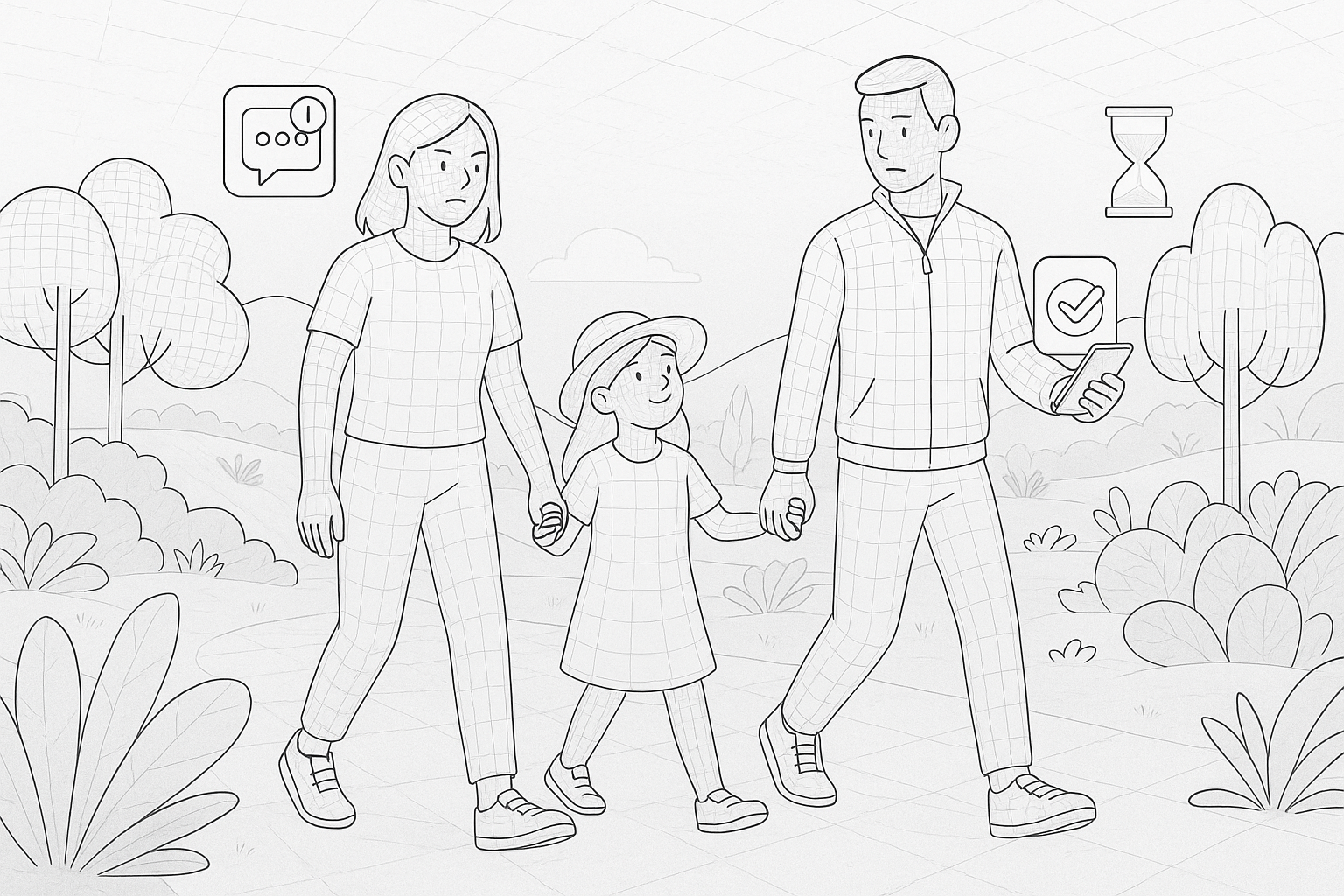 Illustration of Family on a walk in a Wellness retreat setting setting, with a determined mood.