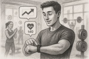Illustration of Person tracking progress on smartwatch in a Gym interior setting, with a inspired mood.