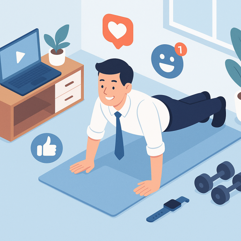 Illustration of Busy professional doing pushups in a Home workout space setting, with a happy mood.