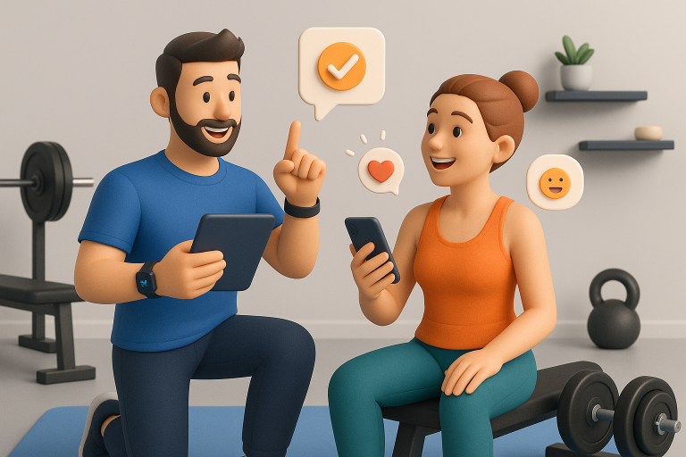 Illustration of Trainer giving advice in a Gym interior setting, with a happy mood.