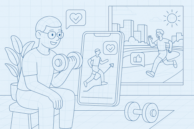 Illustration of Home workout with dumbbells in a Urban running track setting, with a happy mood.