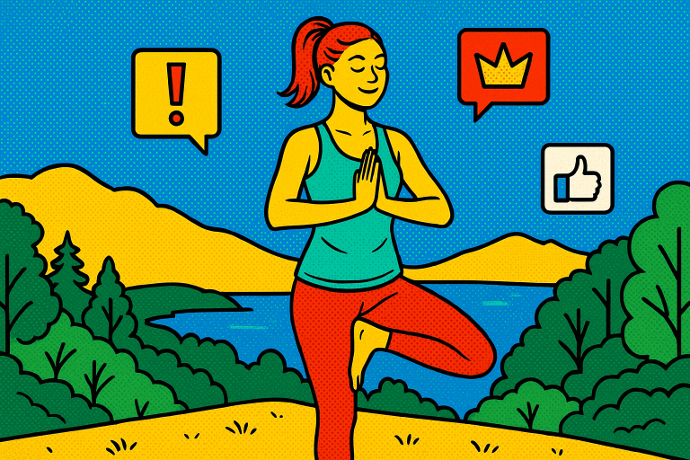 Illustration of Yoga pose in nature in a Scenic viewpoint setting, with a relaxed mood.