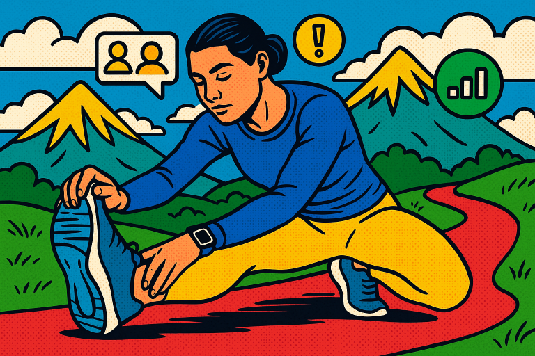 Illustration of Stretching before workout in a Mountain path setting, with a focused mood.