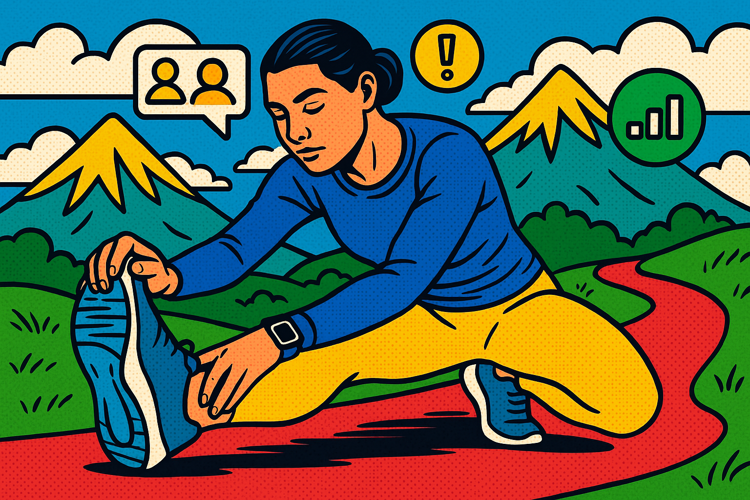 Illustration of Stretching before workout in a Mountain path setting, with a focused mood.