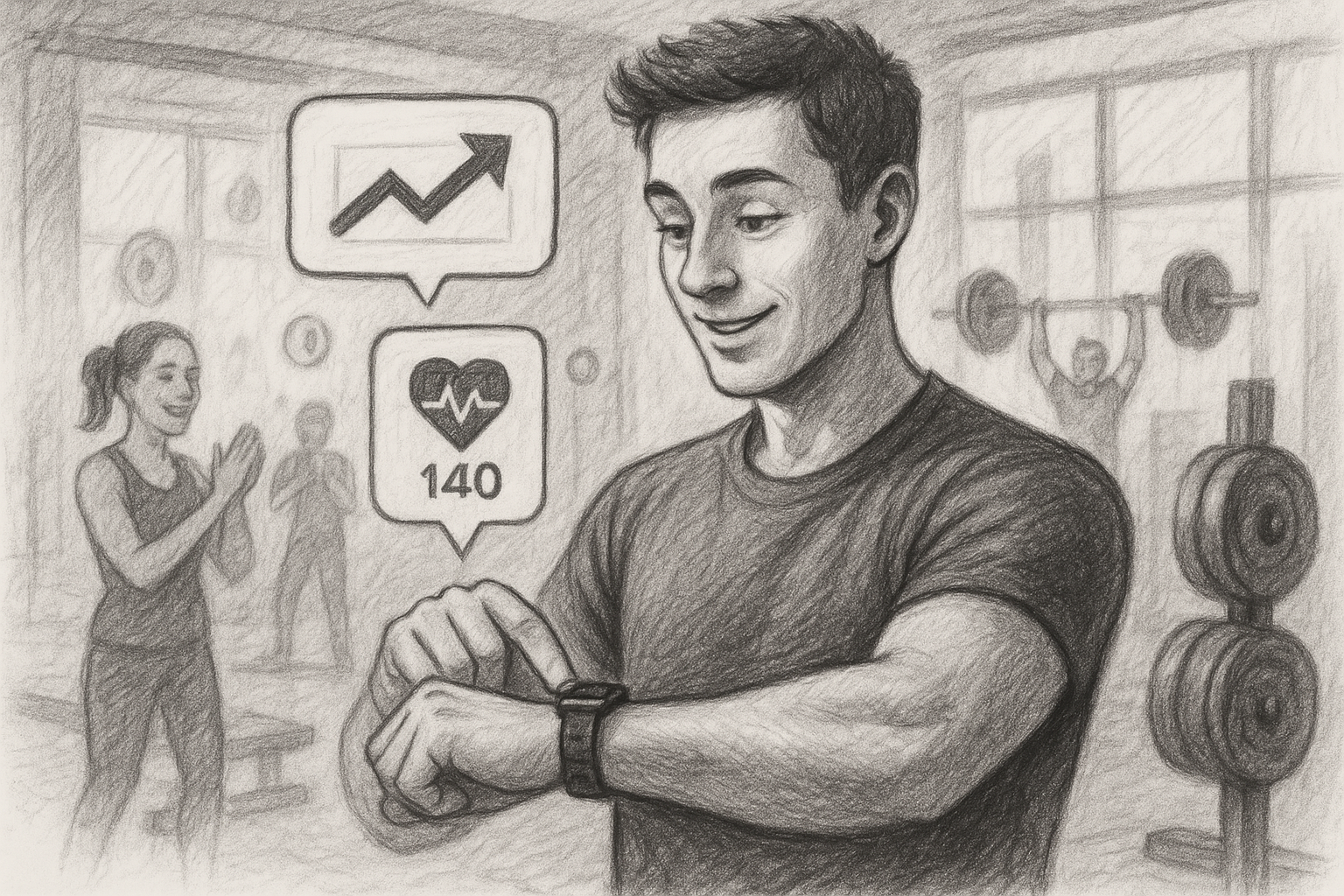 Illustration of Person tracking progress on smartwatch in a Gym interior setting, with a inspired mood.