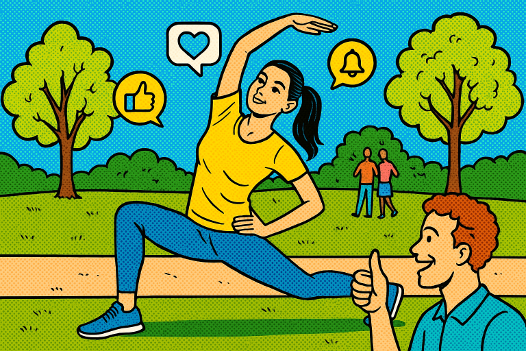 Illustration of Stretching before workout in a Park with trees setting, with a inspired mood.