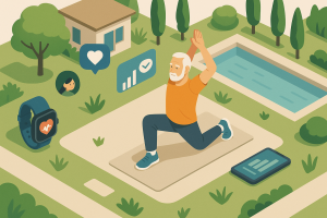 Illustration of Senior doing mobility exercise in a Wellness retreat setting setting, with a focused mood.