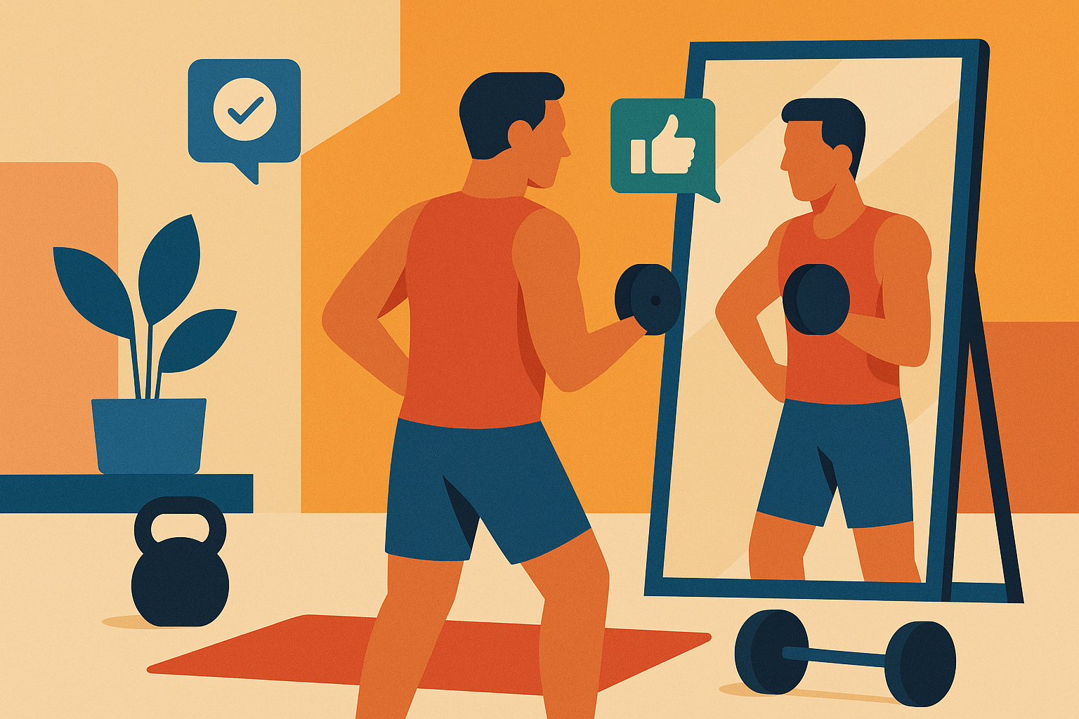 Illustration of Athlete checking mirror form in a Home workout space setting, with a relaxed mood.