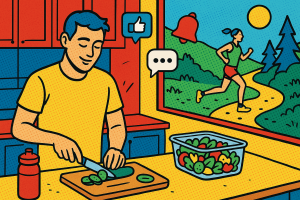 Illustration of Meal prep on kitchen counter in a Outdoor trail setting, with a relaxed mood.